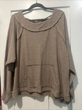BKE Taupe Waffle Knit Off-Shoulder Pullover